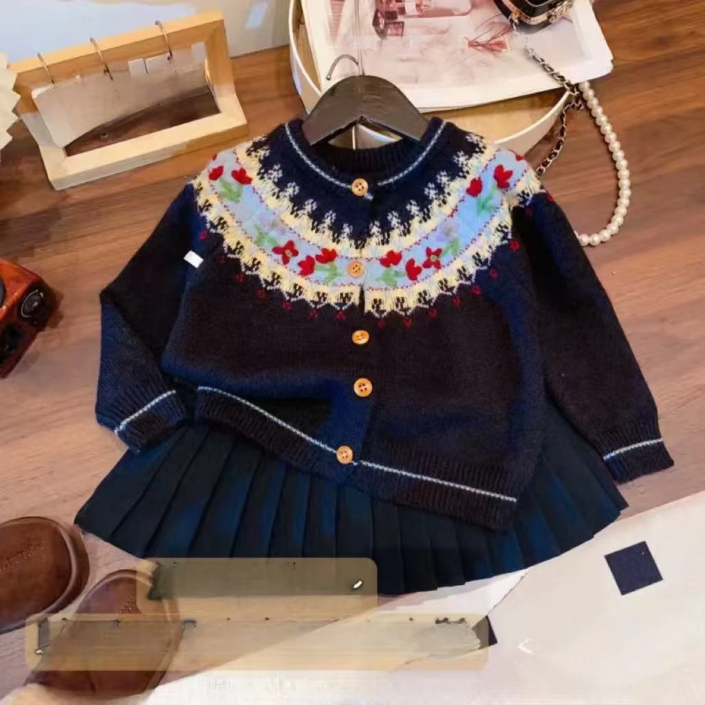 Girls Jacquard Knitted Sweater Set Two-Piece Crocheted Cardigan Sweater And Pleated Skirt Pants for Children