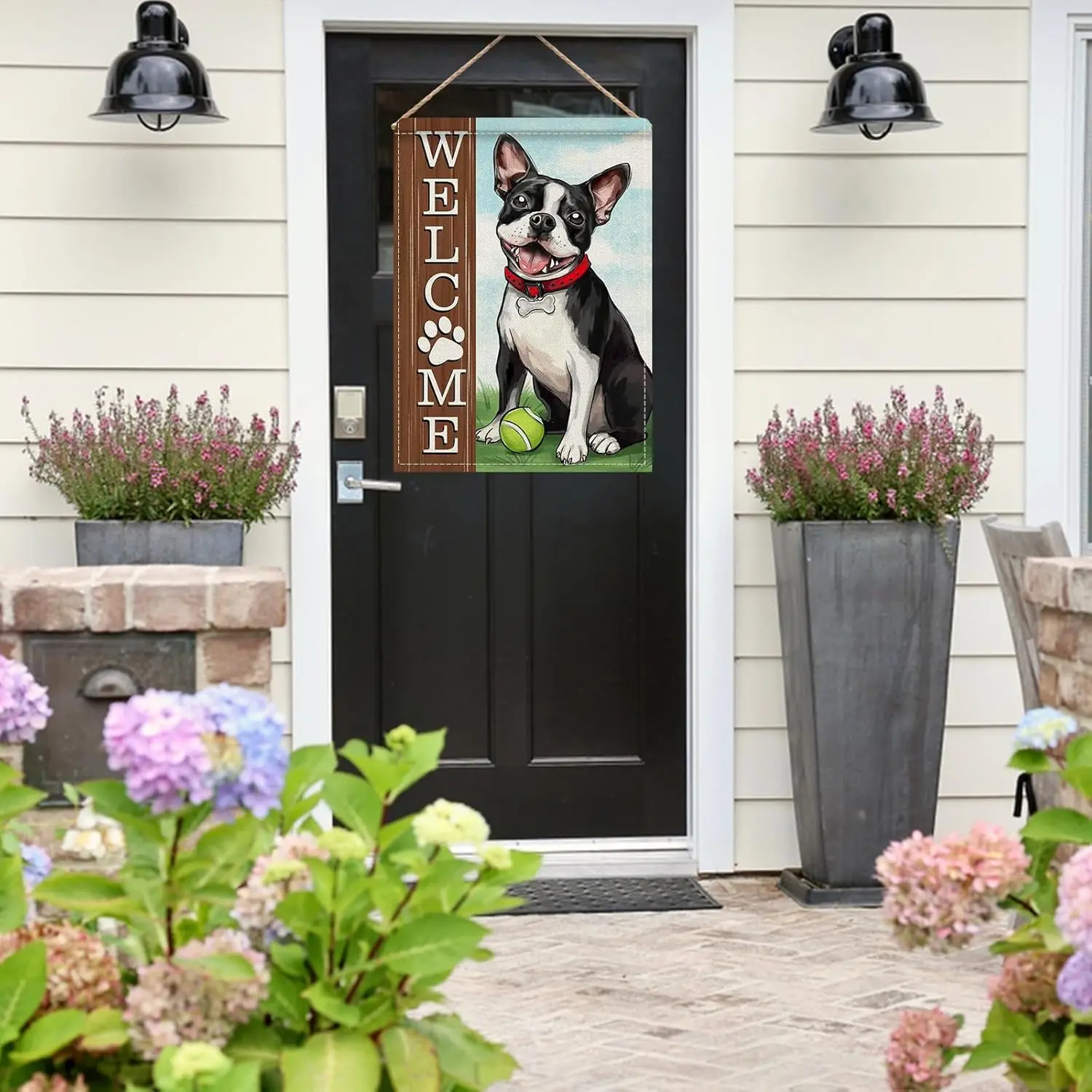 Dyrenson Welcome Boston Terrier Dog 28 X 40 House Flag Double Sided, Spring Summer Paw Prints Tennis Garden Yard Decoration LLX