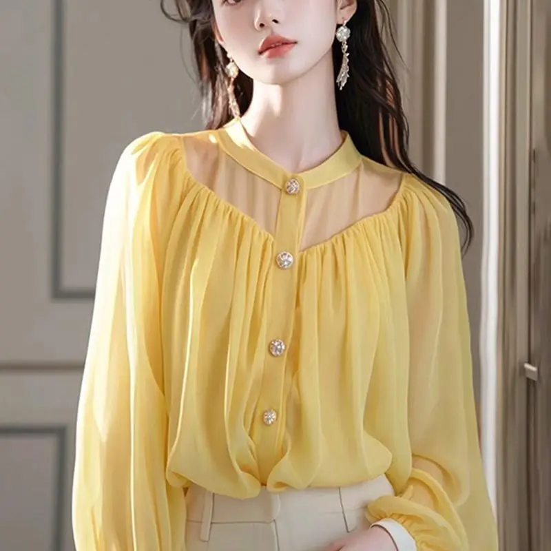 Yellow Chiffon Lined Women\'s Long Sleeved Slimming Top Small and Stylish Anti-aging Shirt