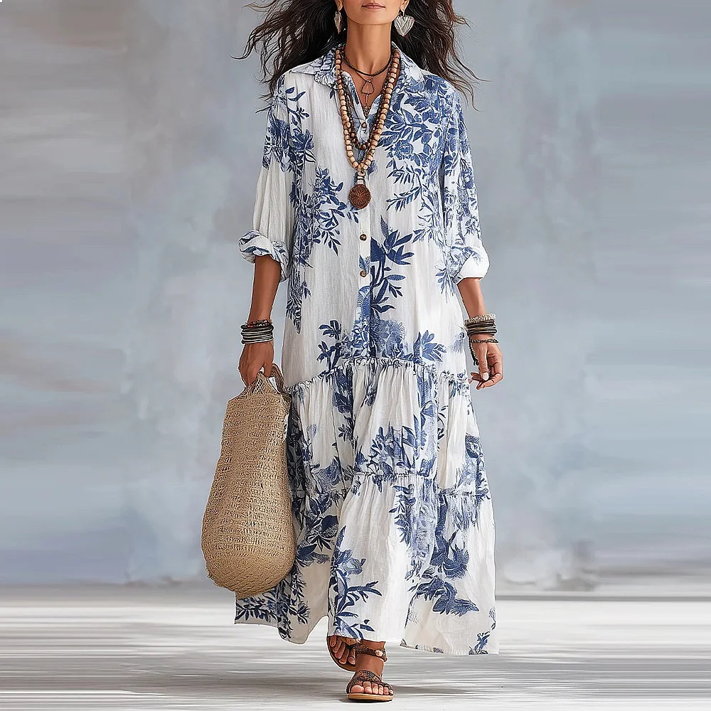 Women's Bohemian Print Maxi Dress Long Sleeve Turn Down Collar Casual Flowy Dresses Spring Summer