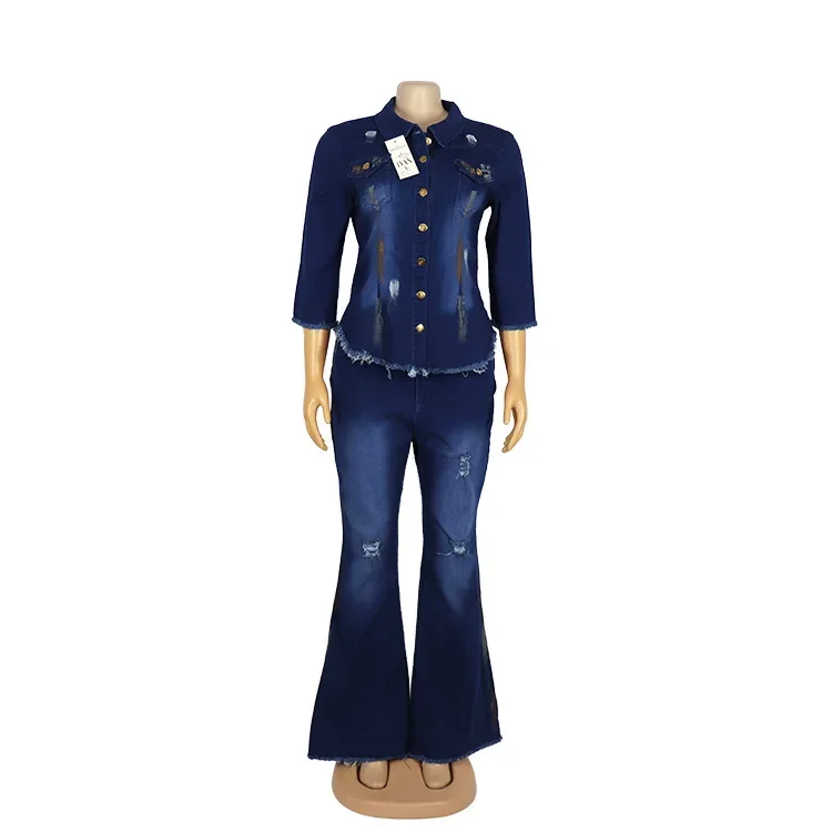 Two Piece Set Women Cowboy Suit Jean Jacket Single Breasted Turndown Collar Hole Flare Pants Female Outfits Casual Ensemble