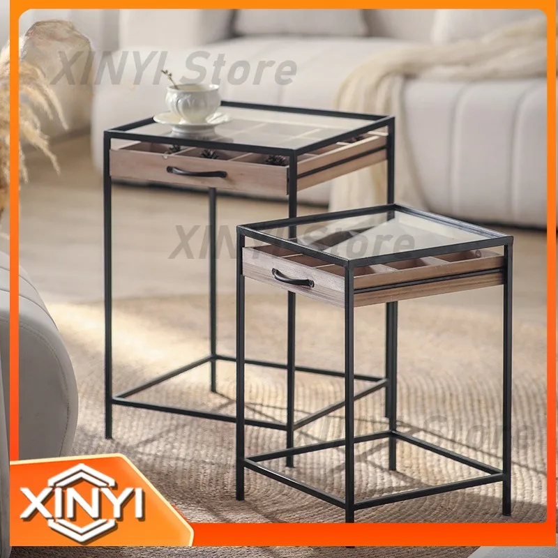 Medieval Solid Wood Small Coffee Table with Drawer and Multi-Grid Storage for Living Room Home Use with Wrought Iron Edge