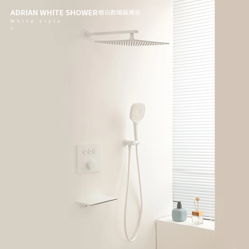 

Copper constant temperature household bathroom white showerhead embedded button ceiling waterfall shower faucet