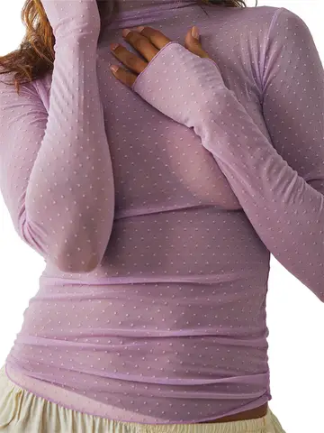 Women Mesh Dot T-shirt Long Sleeve Turtleneck Slim Fit Tee Tops Club Sexy Shirts See Through Cover-ups Smock Summer Fall