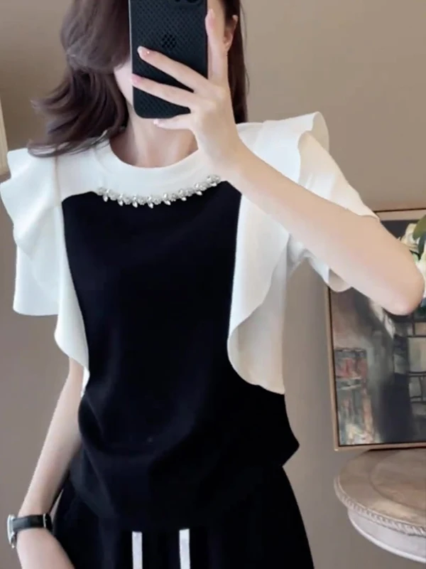 

Ele ort Sve T-irt Women's Summer Faion Diamond Embellied Flounce Design High-End Color Colion Korean Sle