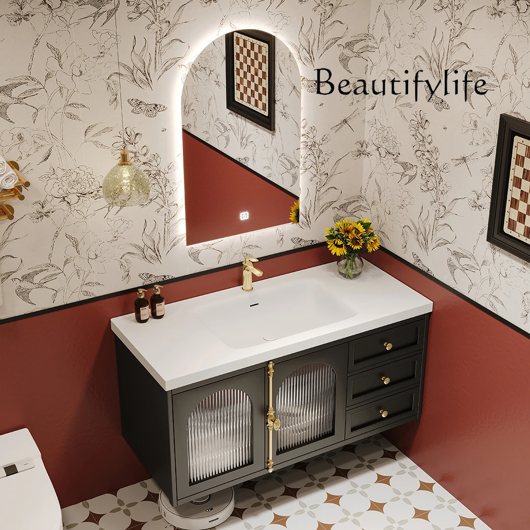 American retro Corian bathroom cabinet combination rock slab seamless ceramic integrated basin washing table hand washing