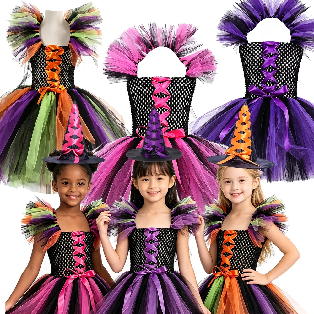 Girl Halloween Cosplay Witch Hat Broom Disguise Costume Dress Up Kids Carnival Party Children Vestidos Outfit 3 Colors
