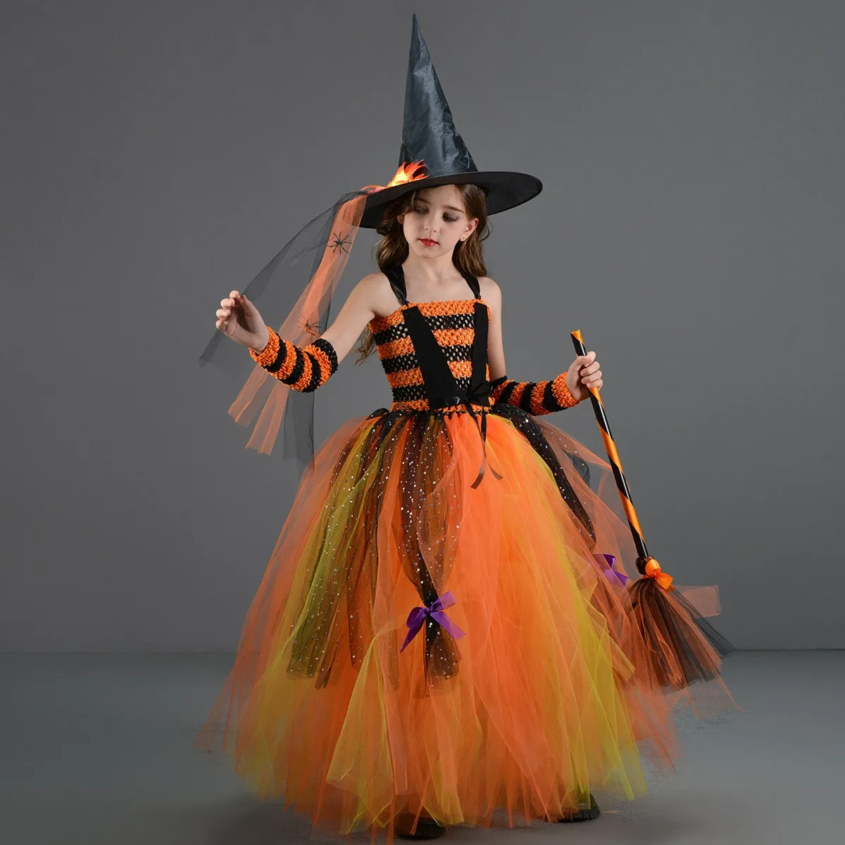 Vestido de Halloween para meninas, Cosplay Witch Costume, vestido de tiras amarelas Puffy Stripe, roupas infantis de festa de carnaval, chapéu e vassoura