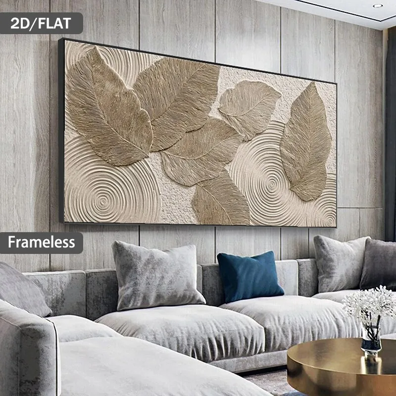 2D Flat Abstract Leaf Circle Canvas Wall Art Canvas Unframed Modern Beige Leaf Poster Neutral Beige
