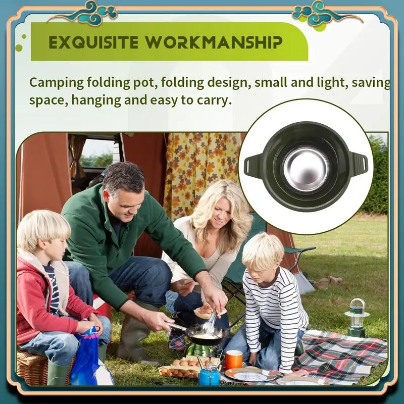 Latest 1 Piece Outdoor Folding Pot Silicone Hiking Cooking Pot Portable Picnic Pot ,Green