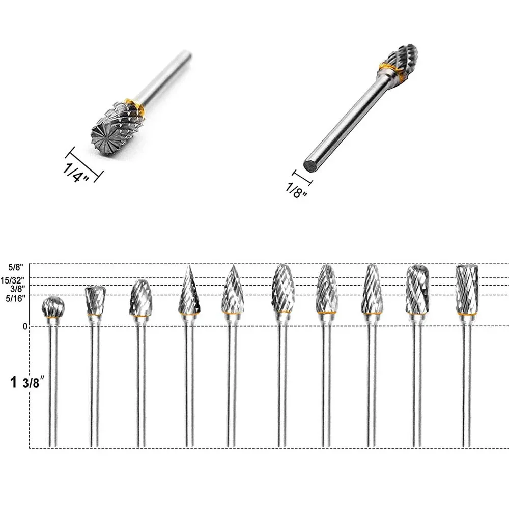 10pcs Rotary Carbide Burr Set 1/8 Shank 1/4 Head Length Tungsten Steel for Woodworking Drilling Metal Carving Engraving Polishin