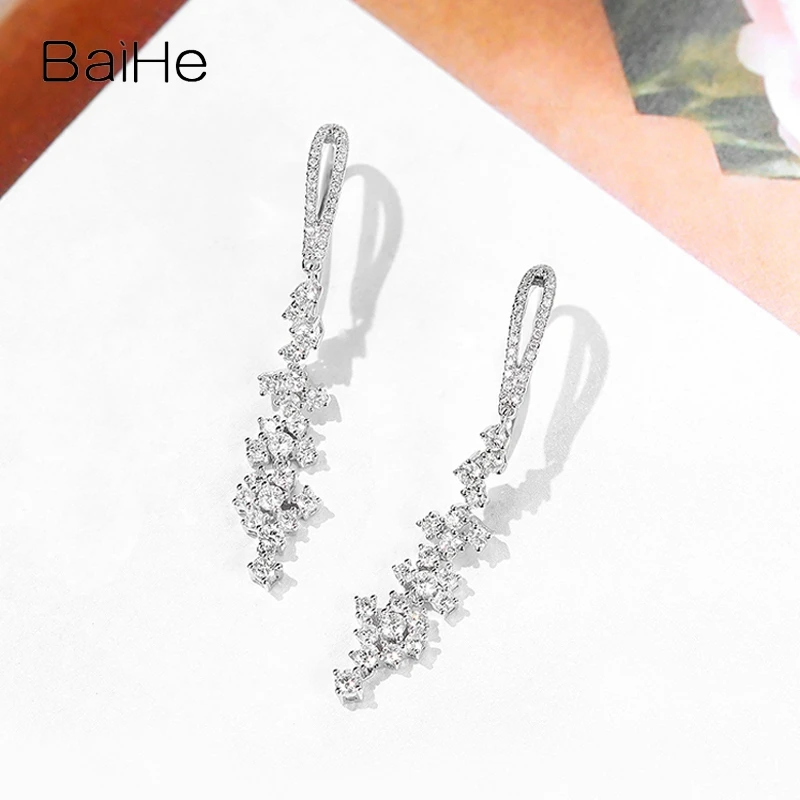 BAIHE Solid 14K White Gold 0.90ct H/SI Natural Diamond LONG Ear Hook Earrings Women Wedding Engagement Trendy Fine Jewelry