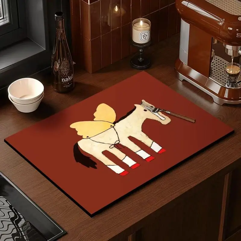 Vintage Red Background Art Kitchen Drainage Mat, Anti Slip Coffee Machine Tableware, Kitchen Countertop Protection Mat