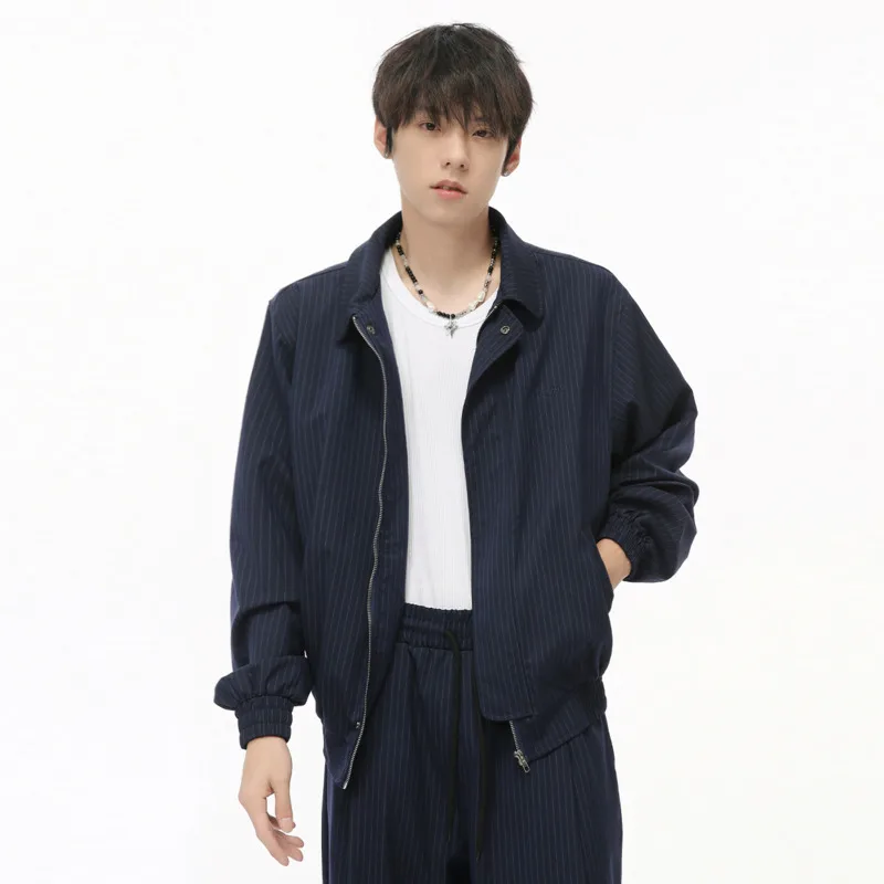 

SYUHGFA Korean Style Men's Striped Two-piece Sets Turn Down Collar Zipper Coat Straight Wide Leg Casual Pants 2024 Autumn