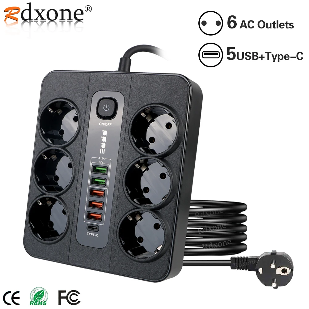 Power Strip With USB EU Plug Socket Extension Cable With USB C Power Plug Adapter Charger for Home, Office, Computer, TV