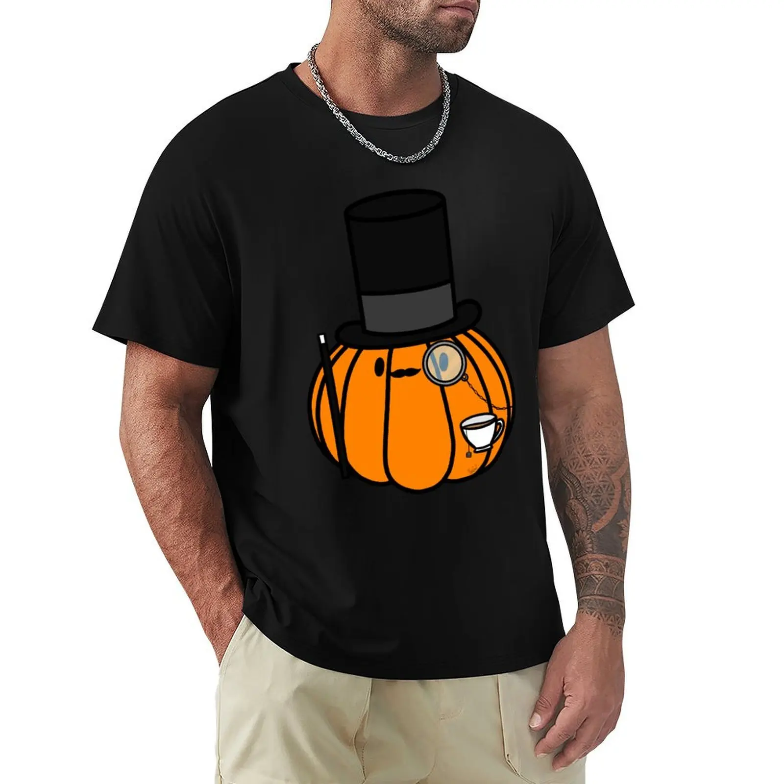 Classy Fancy Pumpkin With A Mustache, Top Hat, Cane, Monocle, And Tea In A Teacup T-Shirt Active Wear Sports T-Shirt for Men