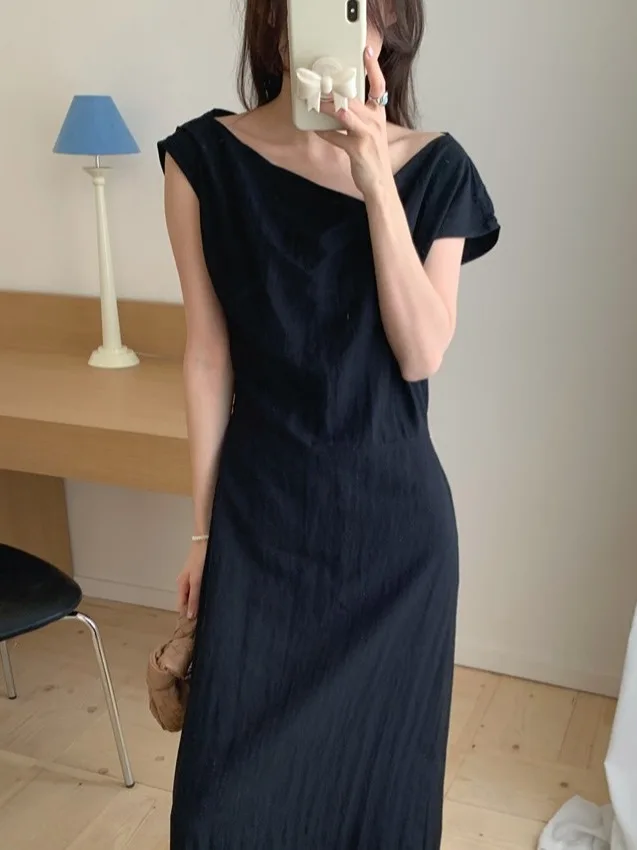 

Summer New Vintage oulder Bared Dr Women's Waist Inward Straight Long Skirt No Sve Oblique Collar Bodycon Dr