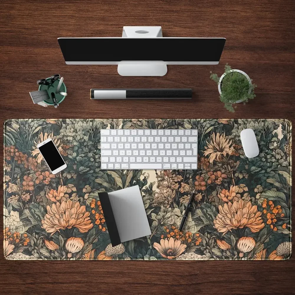 Vintage Orange Floral Gaming Mouse Pad, Retro Bush Flower Leaf Print Smooth Edge Non Slip Mat for Gamers Office Home Wireless