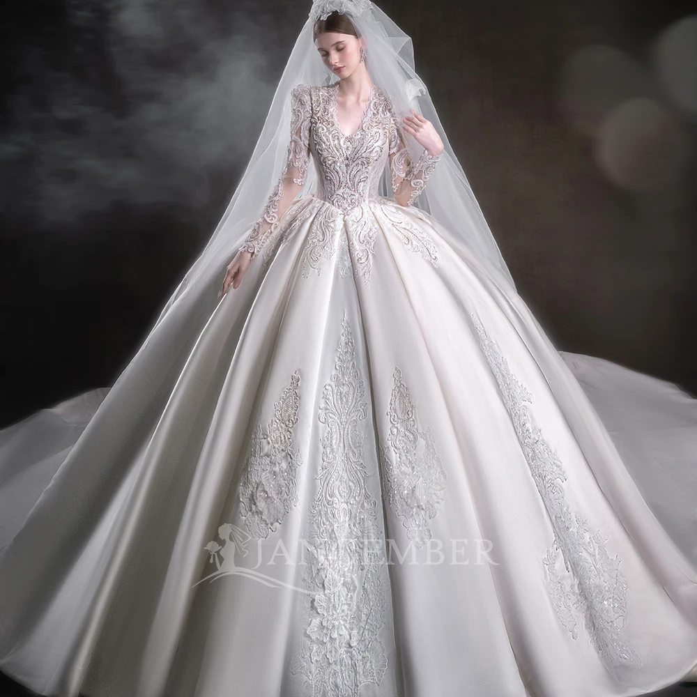 

Customized V-neck Heavy Beads Sequins Wedding Dress Chapel Train Long Sleeves Ball Gown Puffy Satin Bridal Gowns suknia ślubna