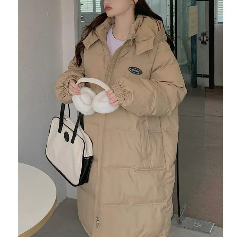 2023 New Women Down Cotton Coat Winter Jacket Female Long Over The Knee Parkas Loose Thick Outwear Solid Color Hooded Overcoat