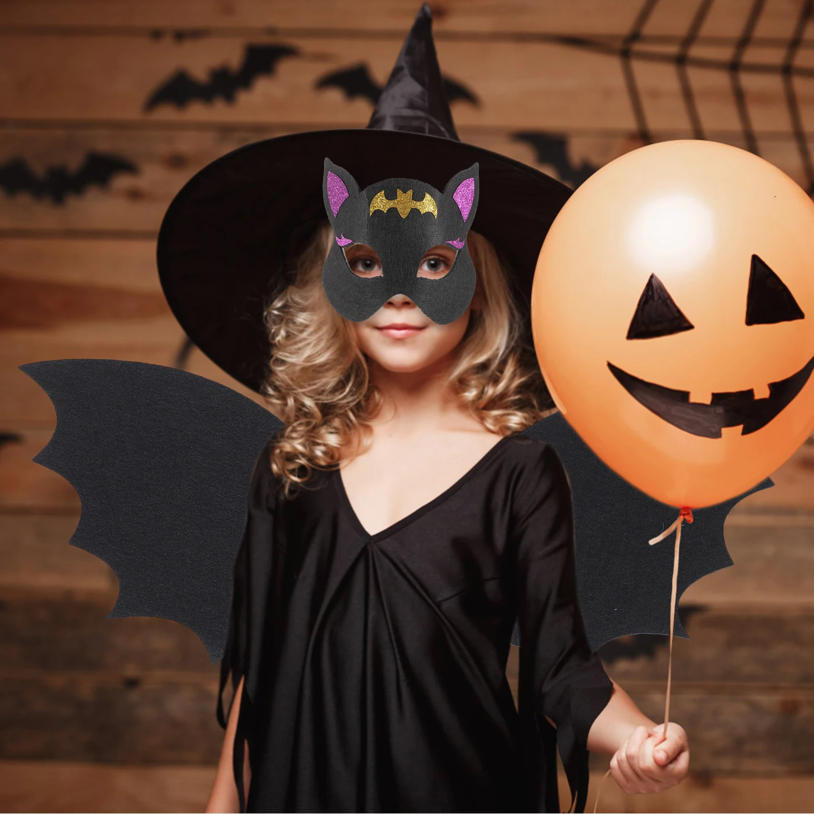 

Bat Wings Mask Set Costumes Kids Children Halloween Non-woven Fabric Cosplay Black 6-15 Years Old Party Theme Events