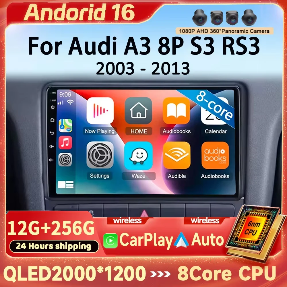 2 Din Android 16 For Audi A3 8P S3 RS3 2003 - 2013 Car Radio Multimedia Video Player GPS 4G WIFI Carplay Auto Stereo DVD RDS