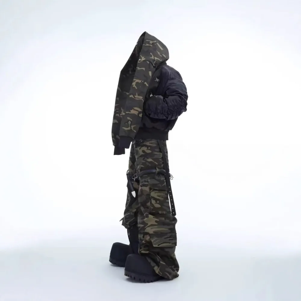 Heavy Duty Leather Belt Men's Design Sense Camouflage Work Pants Loose Washed Retro Pants Men Clothing Streetwear