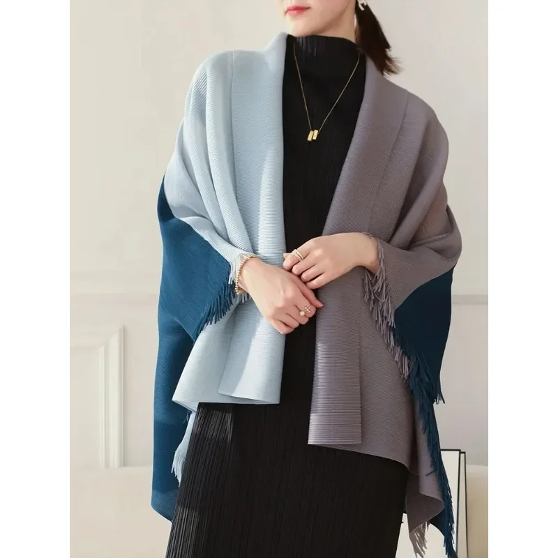 

ALSEY Miyake Pleated Female Long Sleeve Tassel Jacket Autumn New Loose Trench Splicing Design Shawl Fashion Women Coat