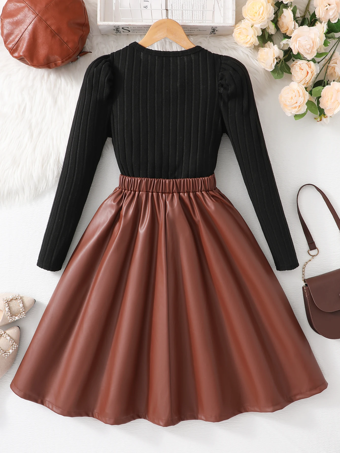 Beaded round neck princess long sleeve shirt and pu half skirt set Elegant and formal half leatherskirt set forchildren aged8-12