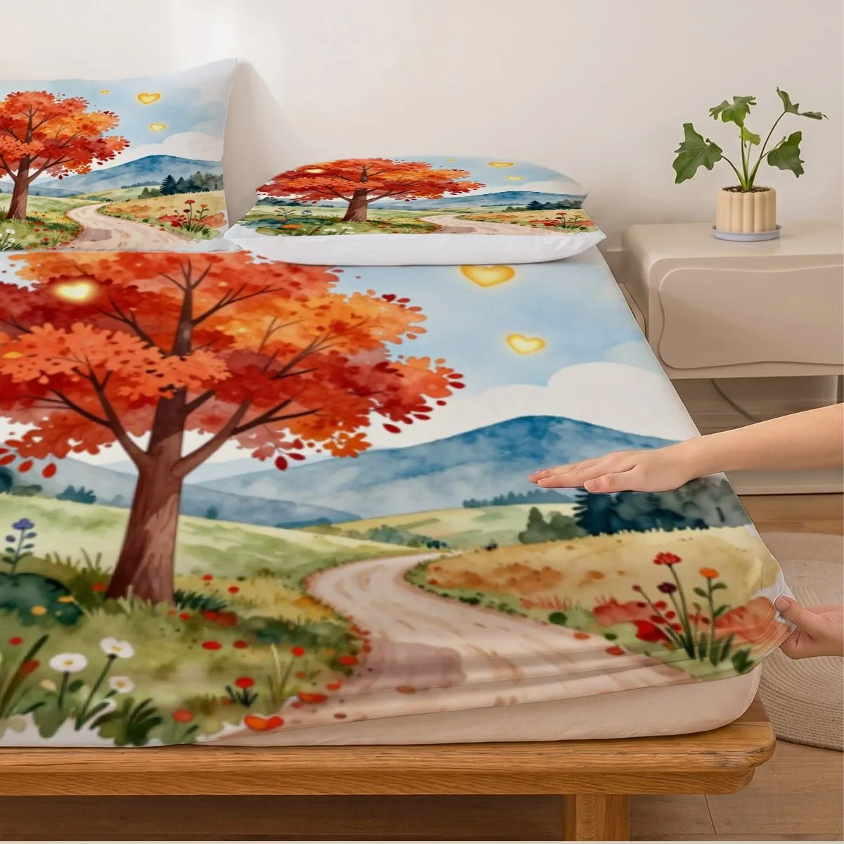 Watercolor Autumn Landscape 2D Digital Print Bedding Set, Available in Various Sizes, Suitable as a Gift, Three-Piece Bedding Set (Includes 1 Fitted Sheet + 2 Pillowcases), Large Capacity Deep Bedding Set, Fitted Sheet Style, Elastic Cover, Mattress Protector, Fitted Sheet Type, Machine Washable Design, Holiday Decoration, Various Sizes, Breathable Protector with Pillowcase