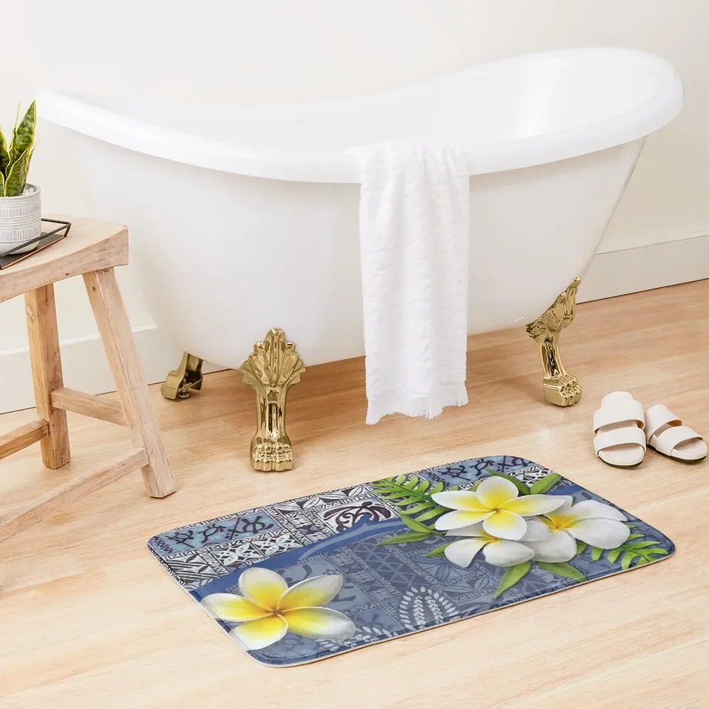 

Blue Hawaiian Tapa and Plumeria Bath Mat Anti-Slip Shower Kitchens Bath Accessories Bath Rugs For Bathroom Mat