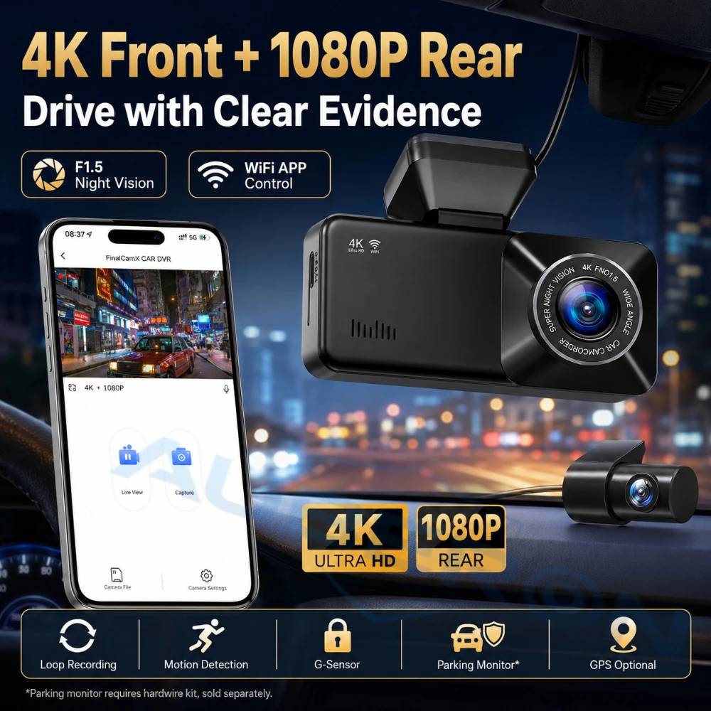 4K Dash Cam Front Rear Dual Camera Car DVR Recorder WiFi APP Control F1.5 Night Vision HDR WDR 170° Wide Angle Loop Rec G-Sensor