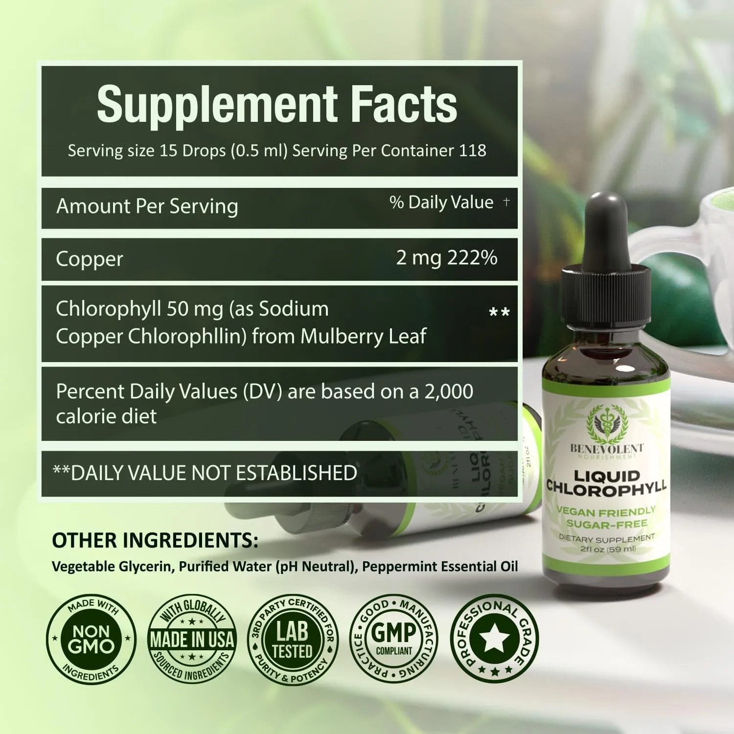 Gouttes liquides de chlorophylle – Formule concentrée pour détox et soutien immunitaire, désodorisant interne et supplément de santé de la peau