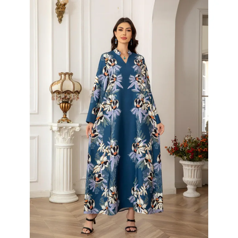 Robe longo feminino muçulmano com temperamento elegante impresso saia longa com incrustação de diamante abaya dubai 2025 primavera novas roupas