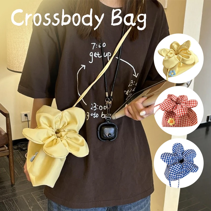 

Korean Style Women's Plaid Crossbody Bag - Floral Drawstring Cloth Handbag, Casual & Cute with Large Capacity Daily Outdoor