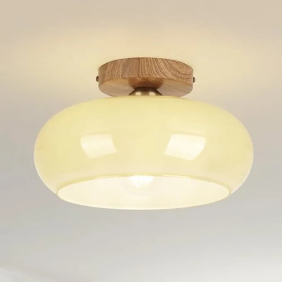 

Mid Century Modern Schoolhouse Semi Flush Mount Ceiling Light Cream Glass Lamp with Wood Grain Metal Base Rustic Farmhouse Ligh