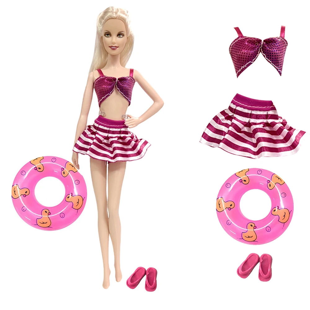 NK 1 Set Fashion Swimwear for Barbie Doll Swimsuit Mini  Clothes Beach Wear Pink Bikini Swim Ring Shoes Accessories Kids Toy