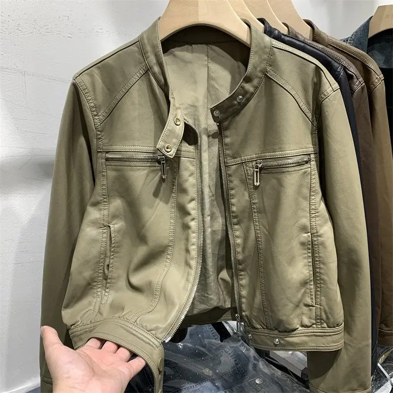 

Vintage Zipper Closure Round Neck Long Sleeve Women's Leather PU Jacket 2025 Spring New Motorcycle Fashion Short Jacket