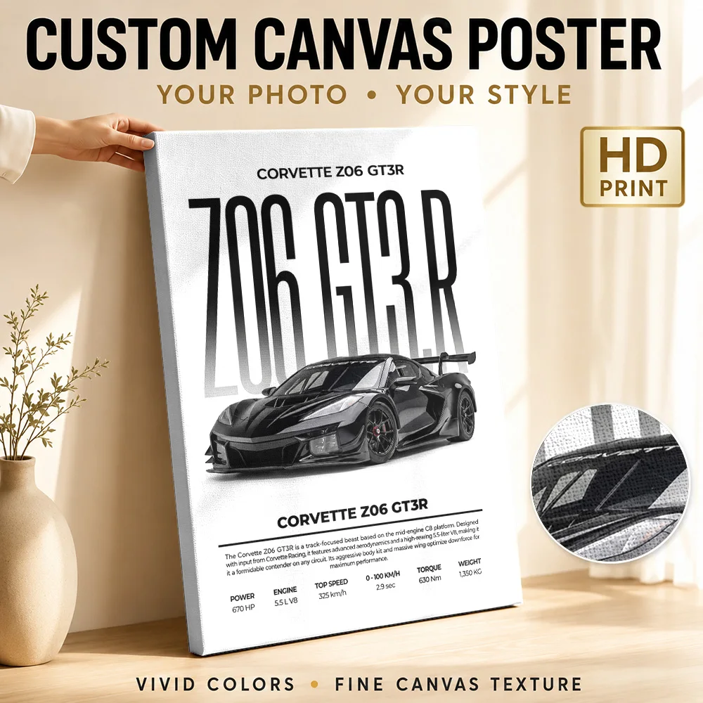 Minimalist Black American Corvette Z06 GT3R Canvas Painting Poster Personalized Photo Modern Garage Wall Paintings Decoration