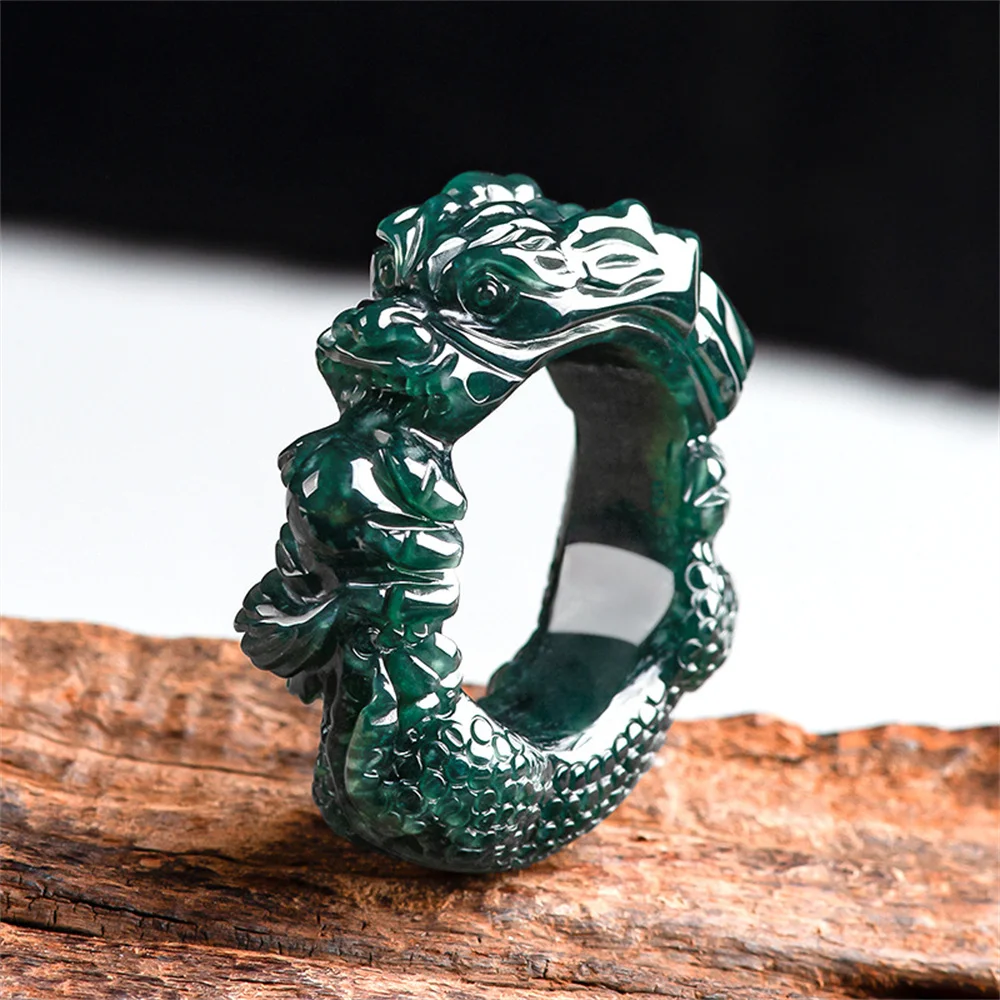 Retro Natural Water Green Jadeite Carved Dragon Finger Ring with Certificate Man's Handicraft Luxury Jade Vintage Jewelry Gifts