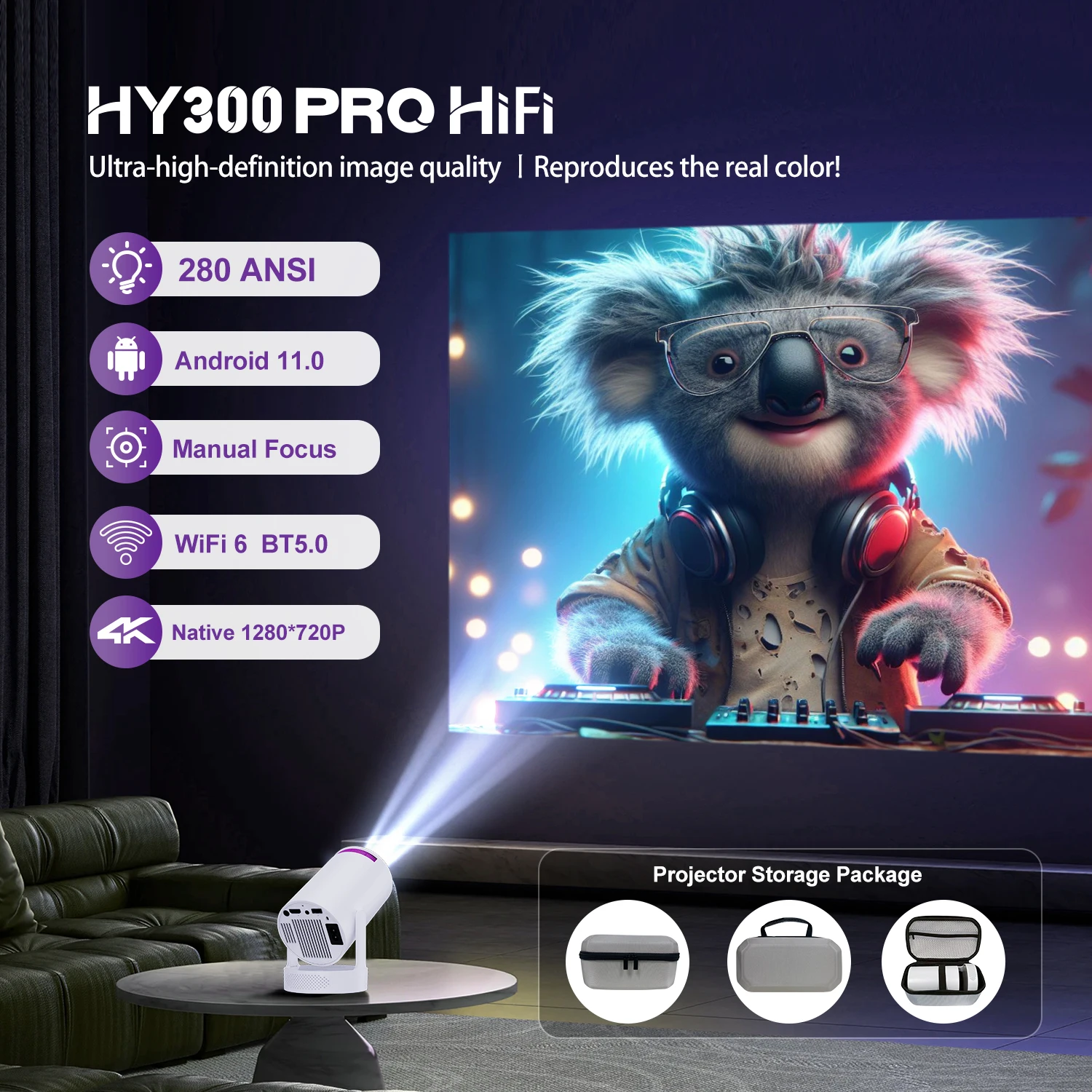 

Projector 4K 280ANSI 720P With Storage Bag Upgrade Speaker Cinema Smart Projector Android 11 Portable Projetors HY300 PRO HIFI