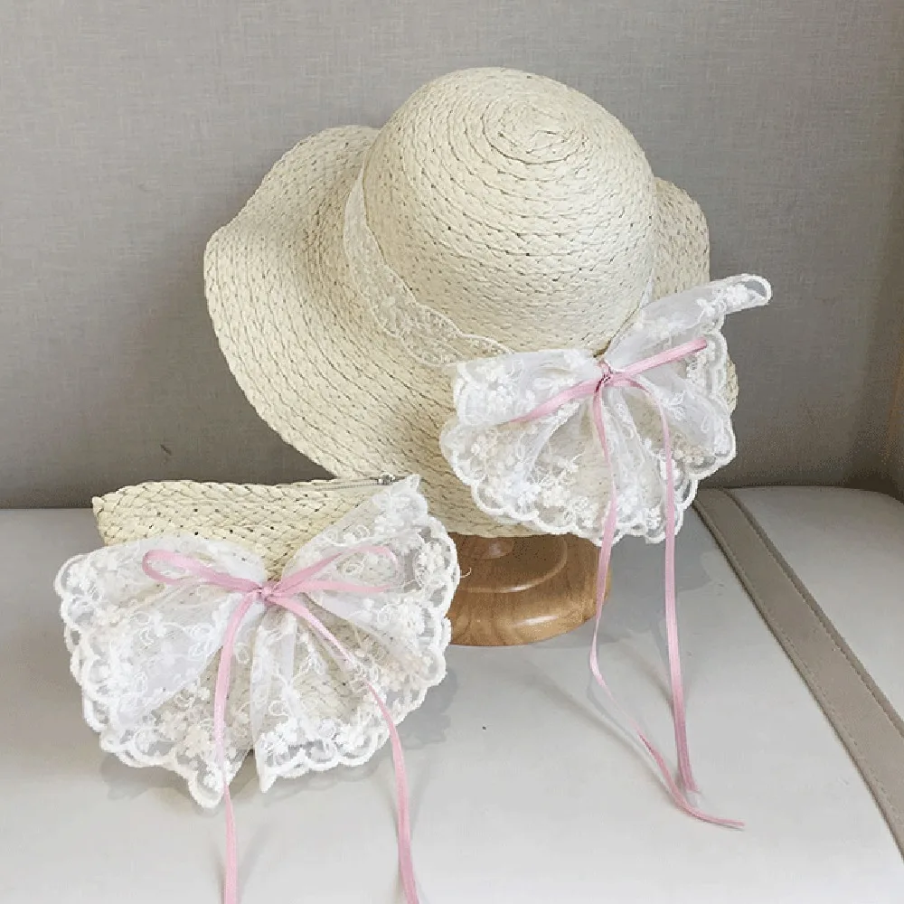 

Cute Sweet Bowknot Straw Sun Hat Ribbon Korean Style Girls Bucket Hat Anti-UV Breathable Woven Handbag Girls