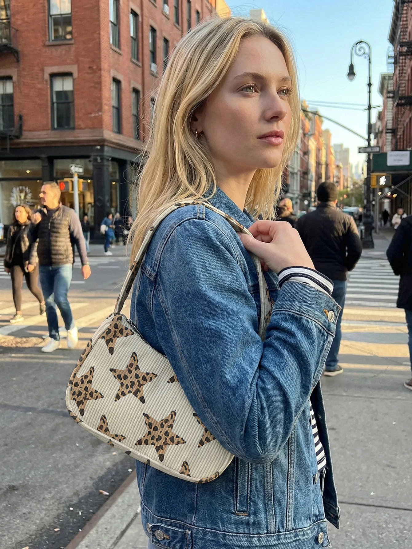 Trendy Leopard Star Print Shoulder Bag, Corduroy Underarm Bag for Daily Casual Use - view 5