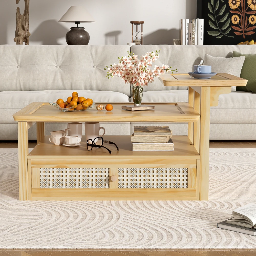 Modern Coffee Table, Coffee Table with 1 Storage Shelf, 2 Tabletops and 1 Rattan Drawer For Living Room