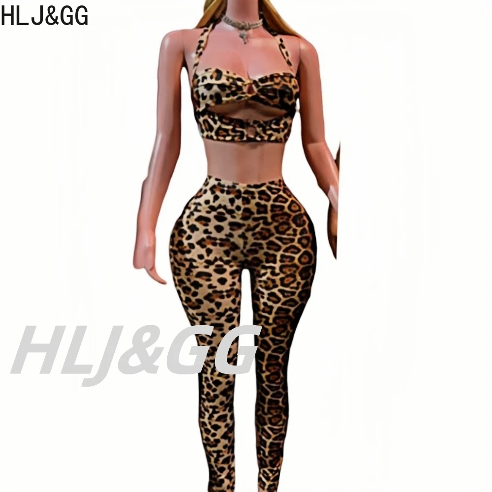 HLJ&GG Sexy Hollow Bandage Leopard Print Two Piece Sets Women Halter Lace Up Crop Top And Skinny Pants Outfit Fashion Streetwear — zdjęcie 3