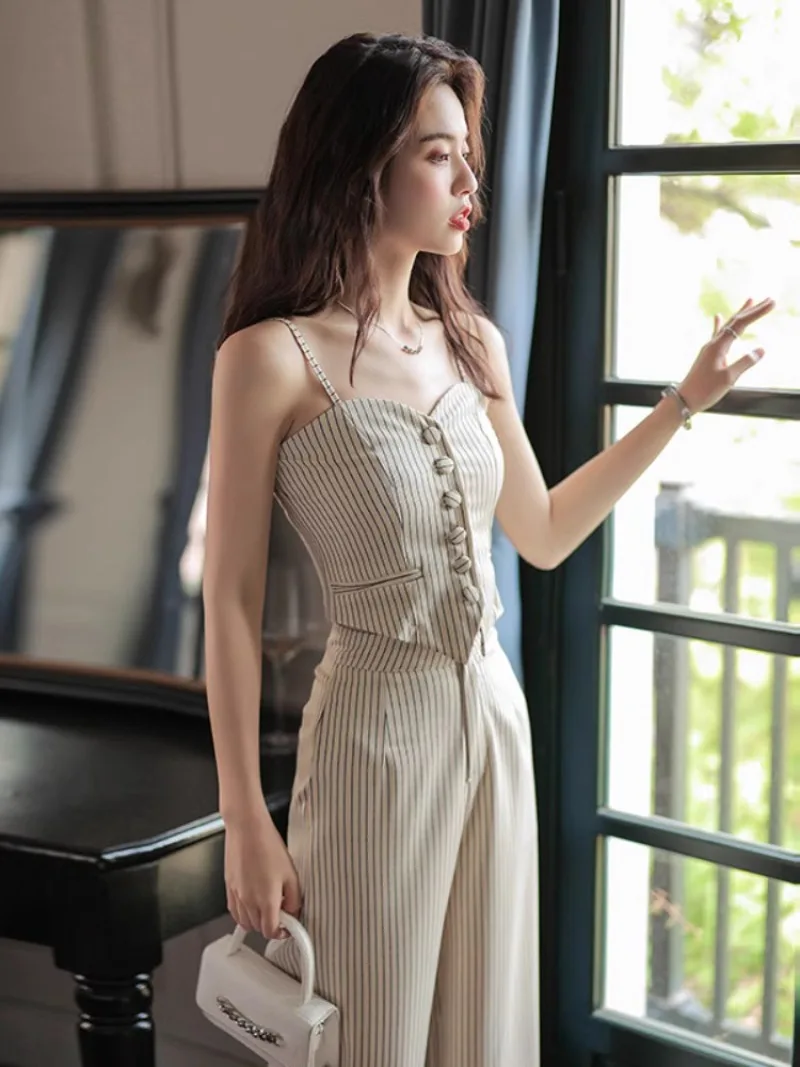 French Stripsling Vest Wide Leg Pants Two-piece Set Women Sleeveless Temperament Single Breasted Spicy Cool Slim Summer Suit New