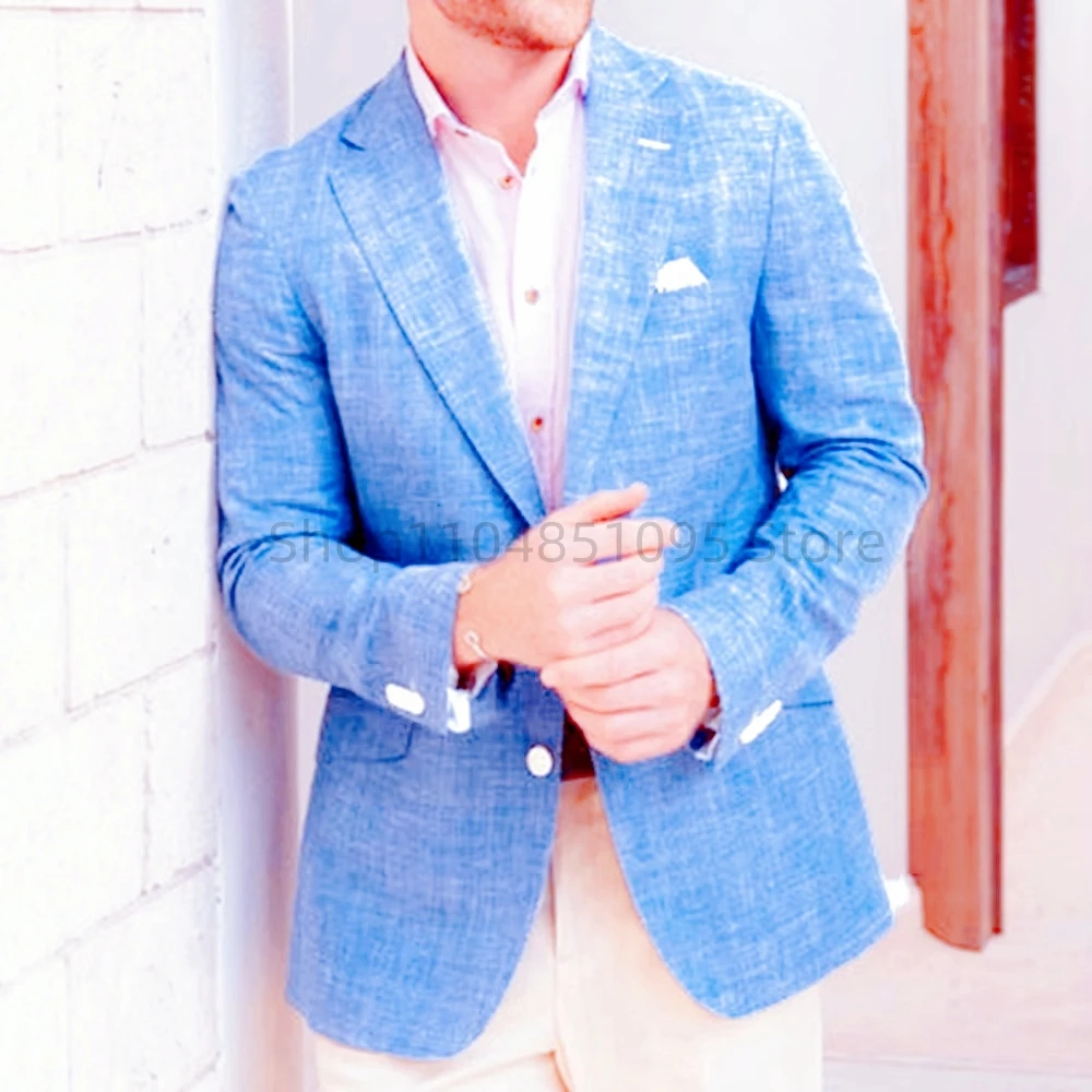 

Casual Summer Blue Linen Men Blazer Slim Fit Classic Beach Prom Wedding Suit Jacket for Men Formal Business Thin One Coat Tops
