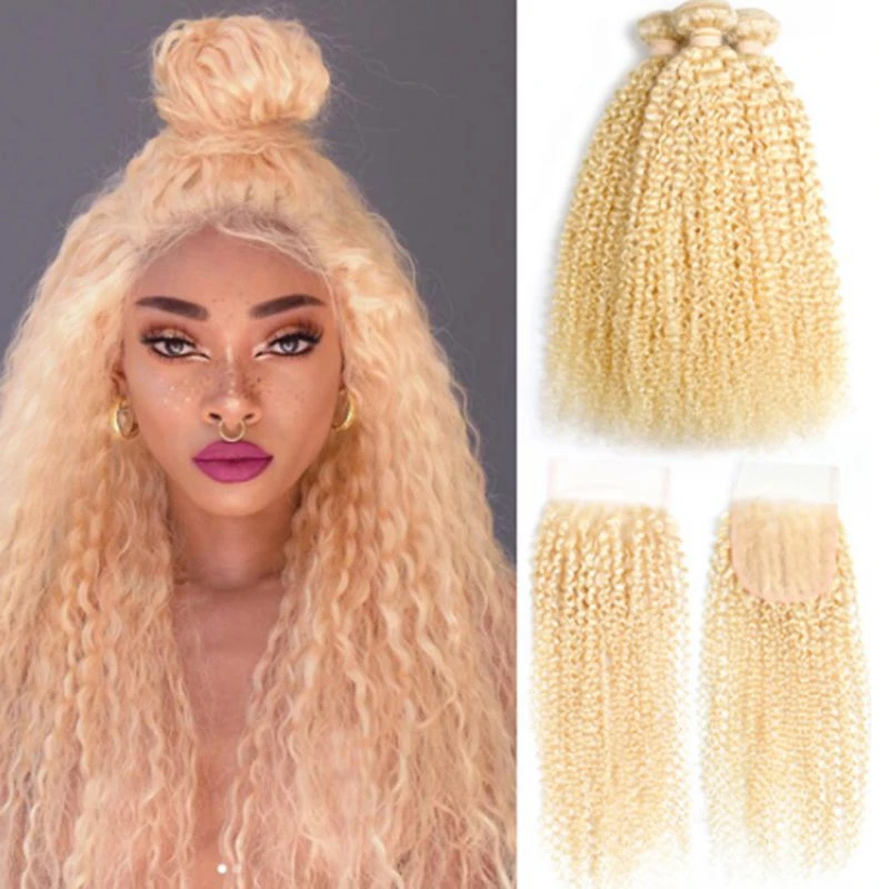 Elfriede #613 Blonde Kinky Curly Bundles with Closure 100% Brazilian Remy Human Hair Weaves 3 Bundles with Lace Closure 4x4