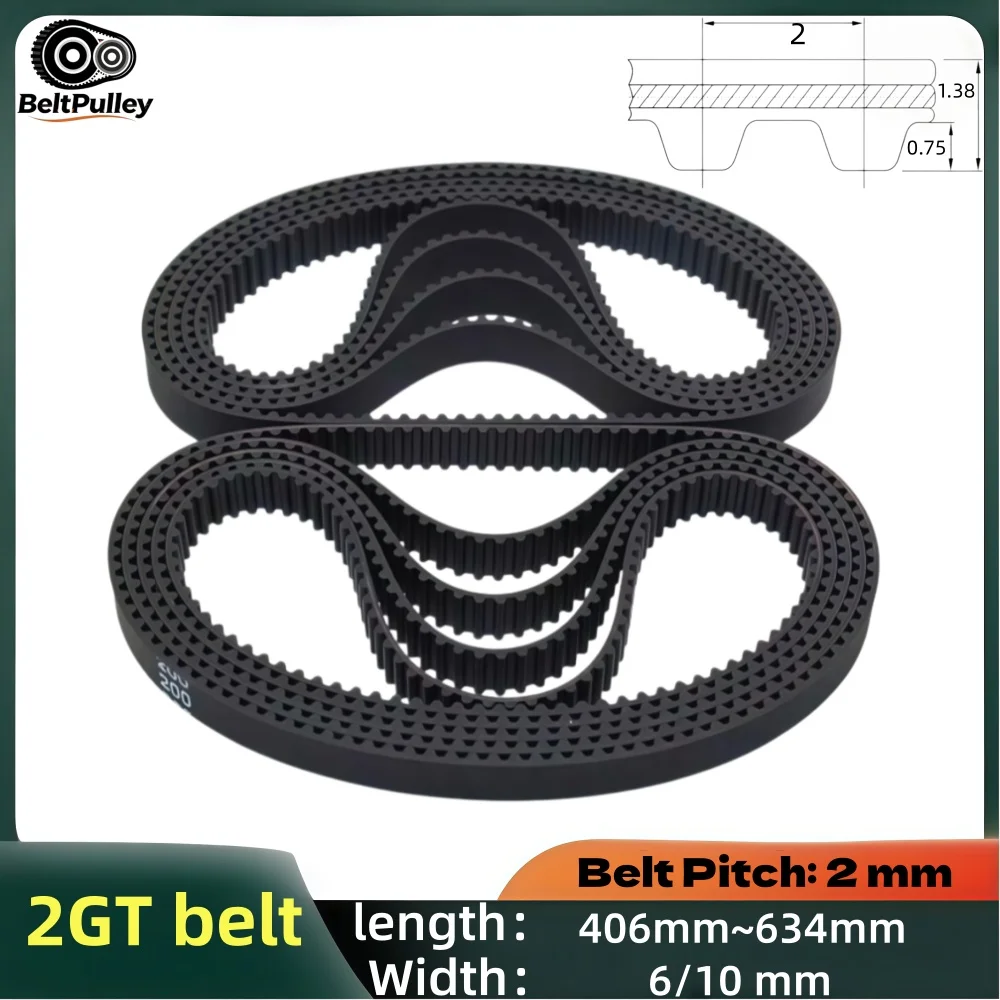 2GT Timing Belt Length 406-634mm 203-317T 6/10mm Wide Rubber for 3D Printer CNC Engraver Parts