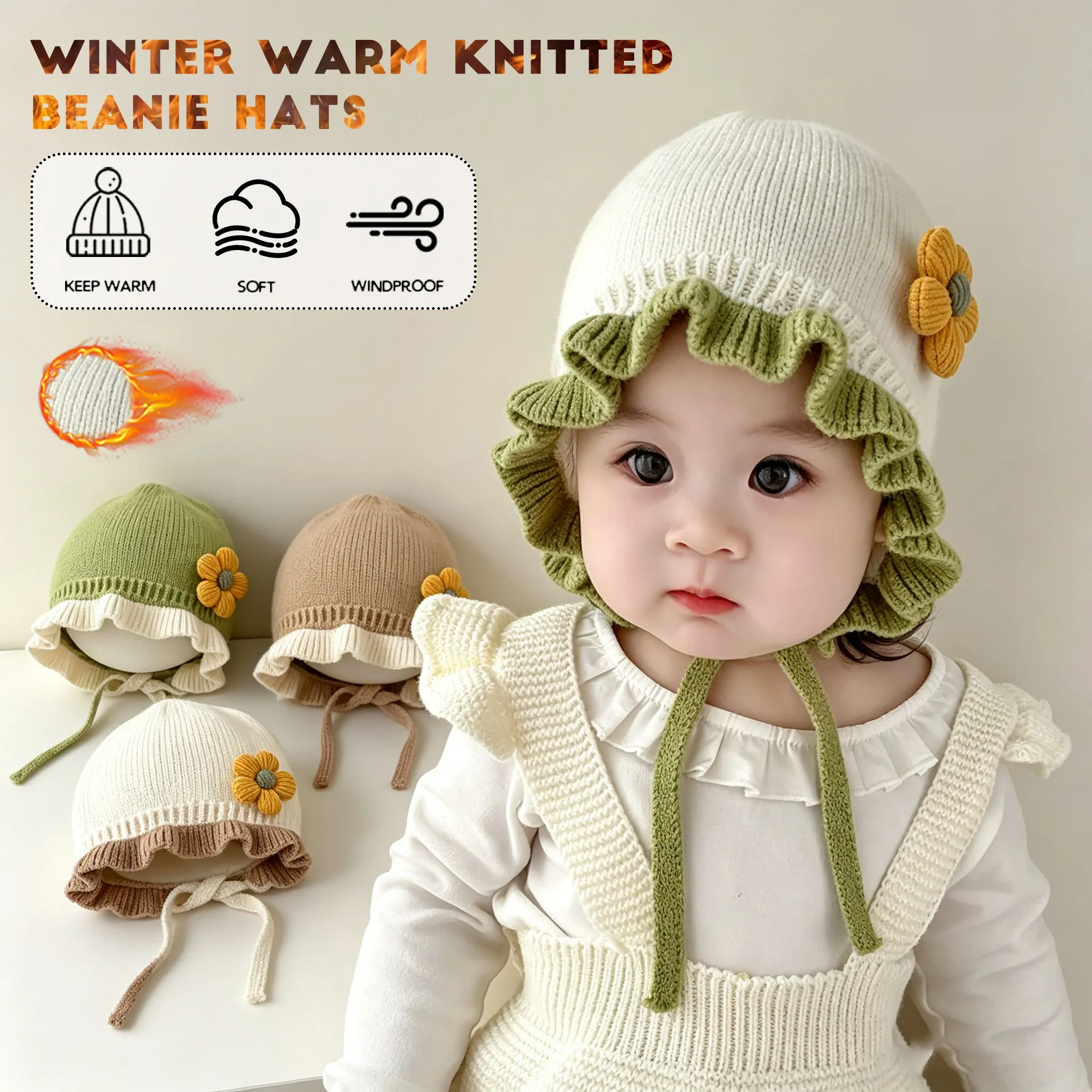 Winter Warm Knitted Beanie Hats 12-36 Months Flower French Style Plush Thremal Fleece Fuzzy Hats Ear Protection Beanies